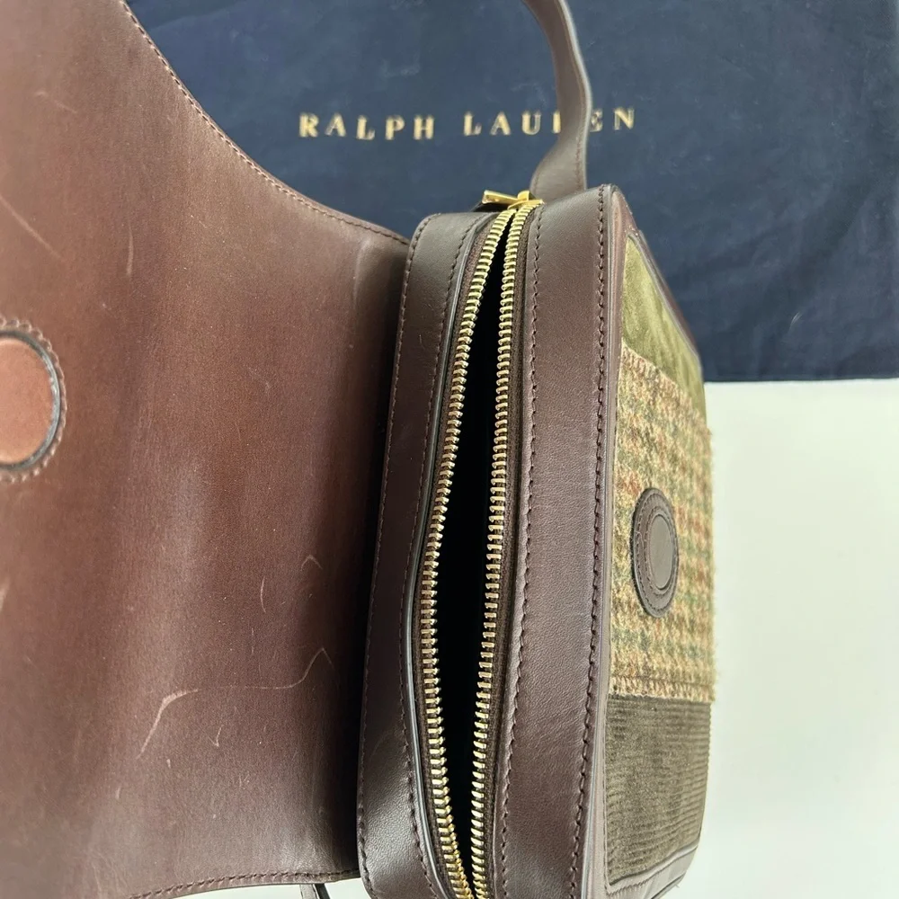 RARE POLO RALPH LAUREN WELLINGTON PATCHWORK TWEED CROSSBODY BAG PURSE BROWN - Picture 12 of 15